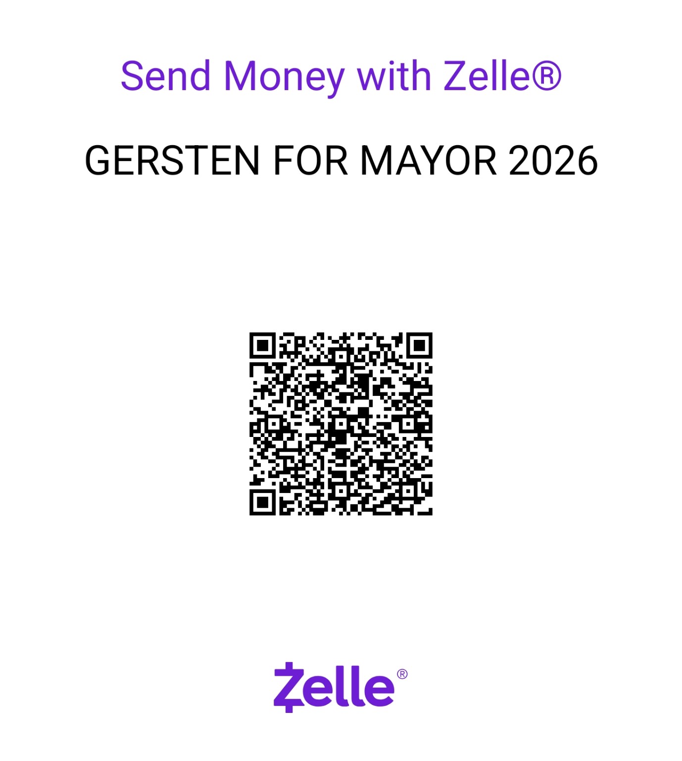 Zelle QR code for Gersten for Mayor 2026 donations